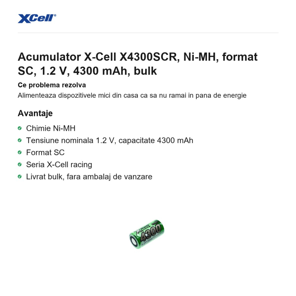 Acumulator X-Cell X4300SCR, Ni-MH, format SC, 1.2 V, 4300 mAh, bulk [2]