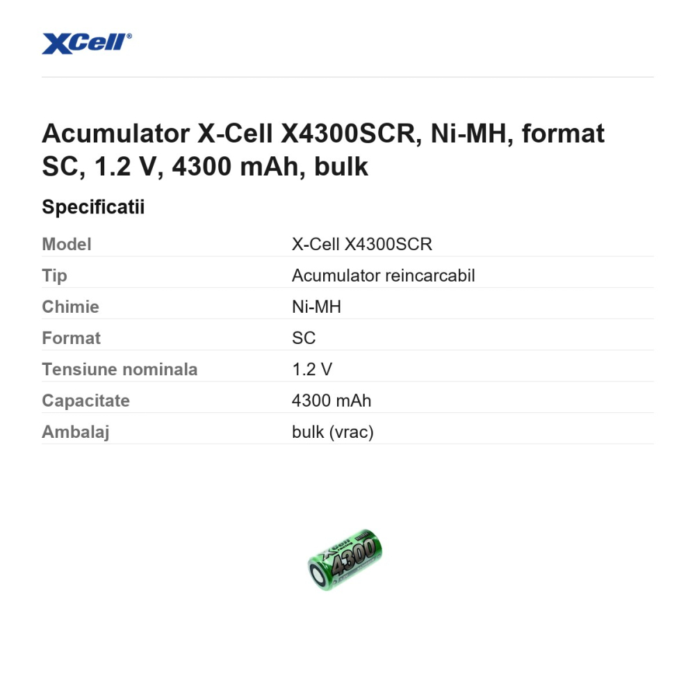 Acumulator X-Cell X4300SCR, Ni-MH, format SC, 1.2 V, 4300 mAh, bulk [3]