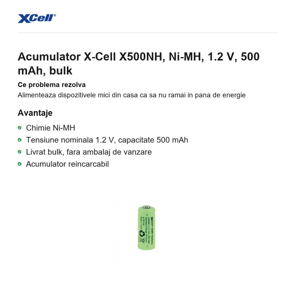 Acumulator X-Cell X500NH, Ni-MH, 1.2 V, 500 mAh, bulk [2]