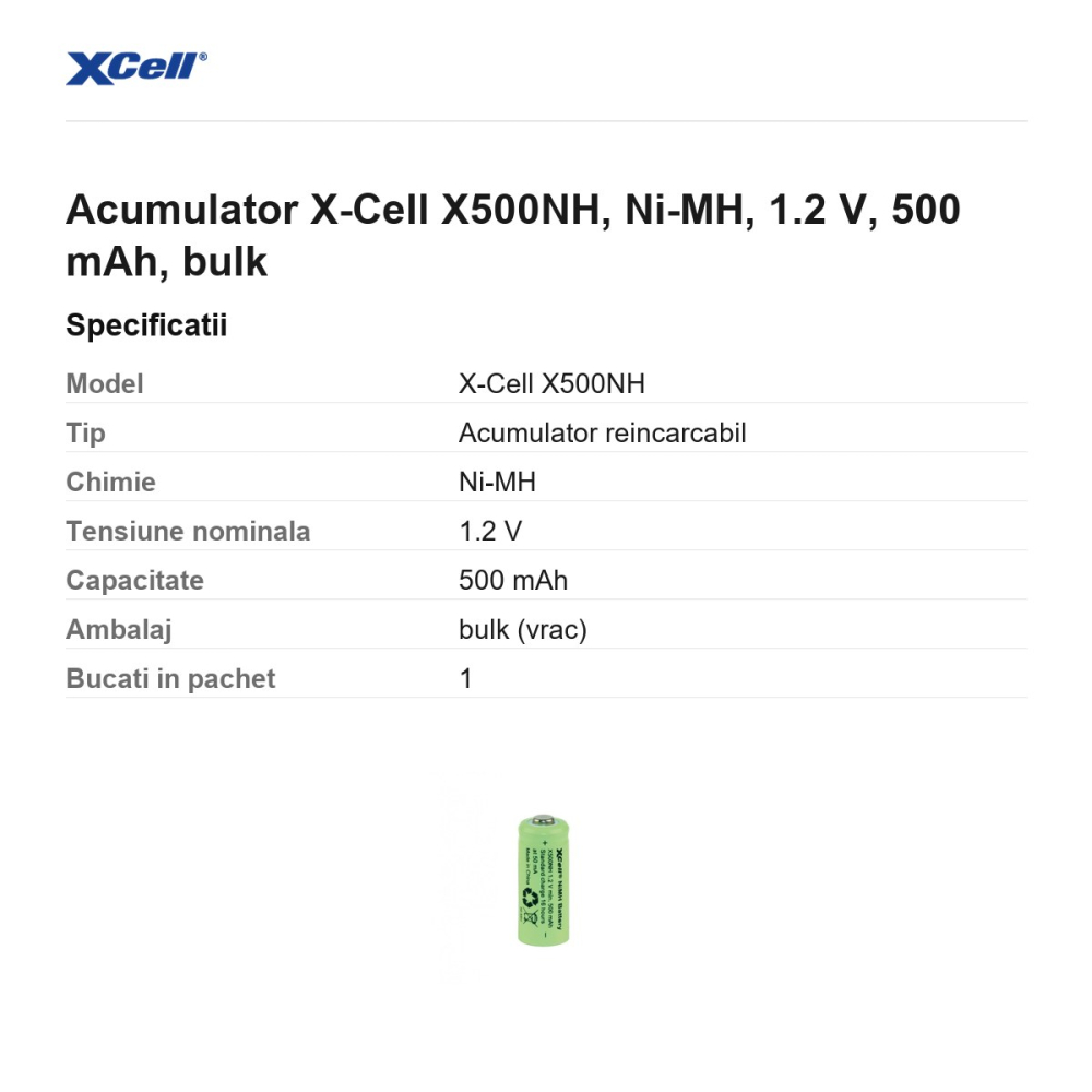 Acumulator X-Cell X500NH, Ni-MH, 1.2 V, 500 mAh, bulk [3]