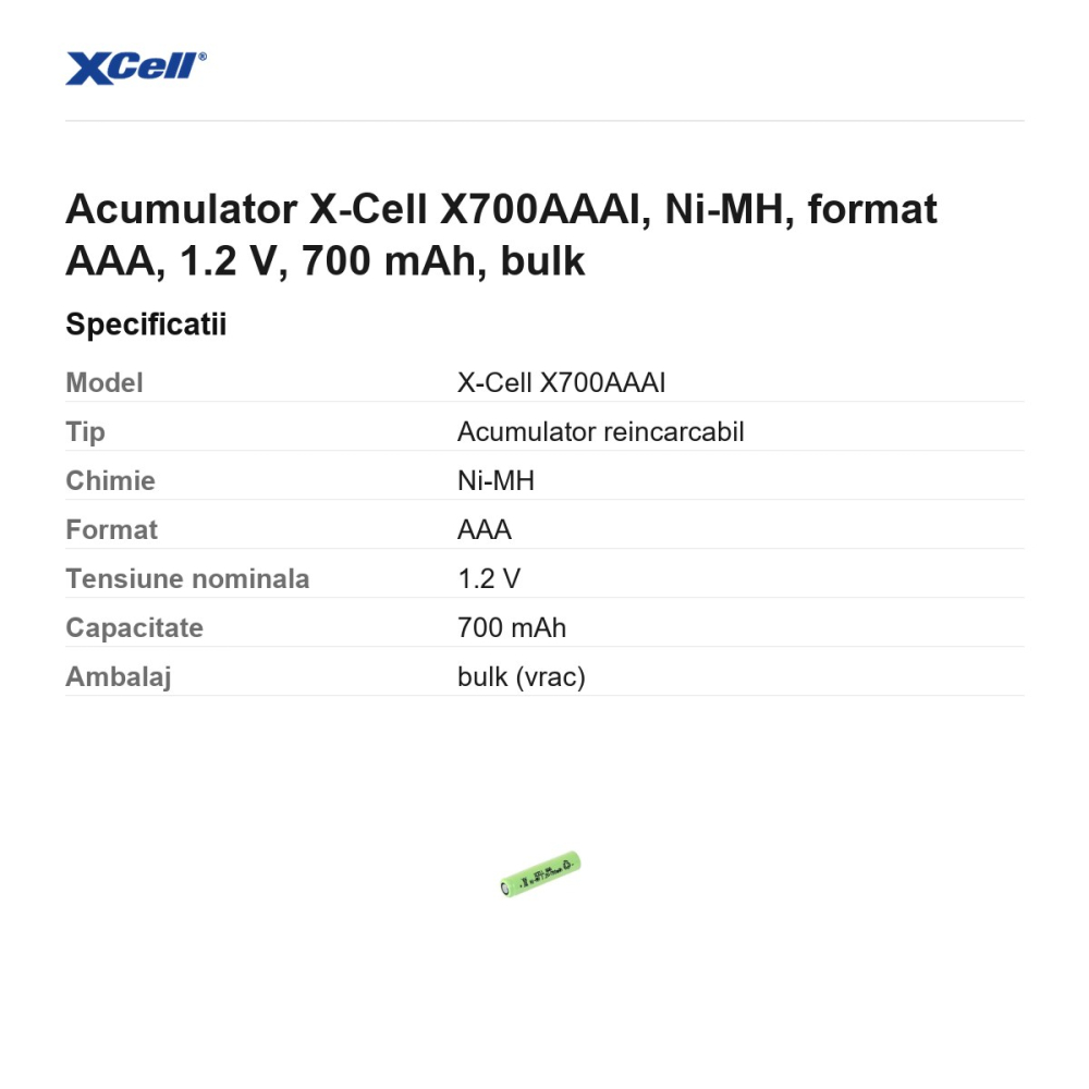 Acumulator X-Cell X700AAAI, Ni-MH, format AAA, 1.2 V, 700 mAh, bulk [3]