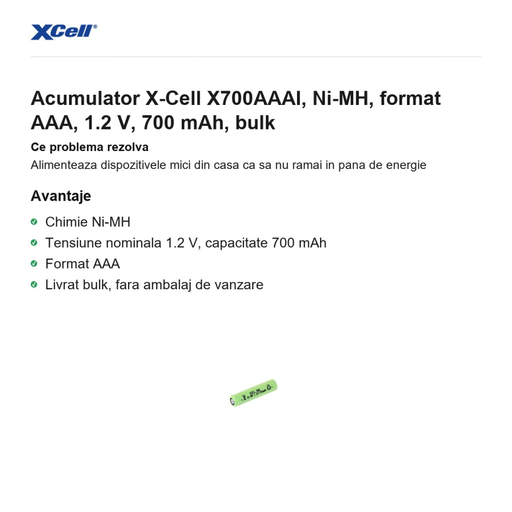 Acumulator X-Cell X700AAAI, Ni-MH, format AAA, 1.2 V, 700 mAh, bulk [2]