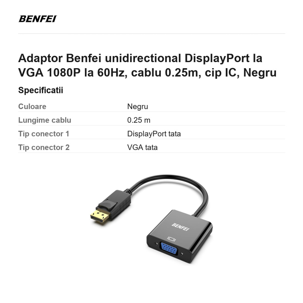 Adaptor Benfei unidirectional DisplayPort la VGA 1080P la 60Hz, cablu 0.25m, cip IC, Negru [3]