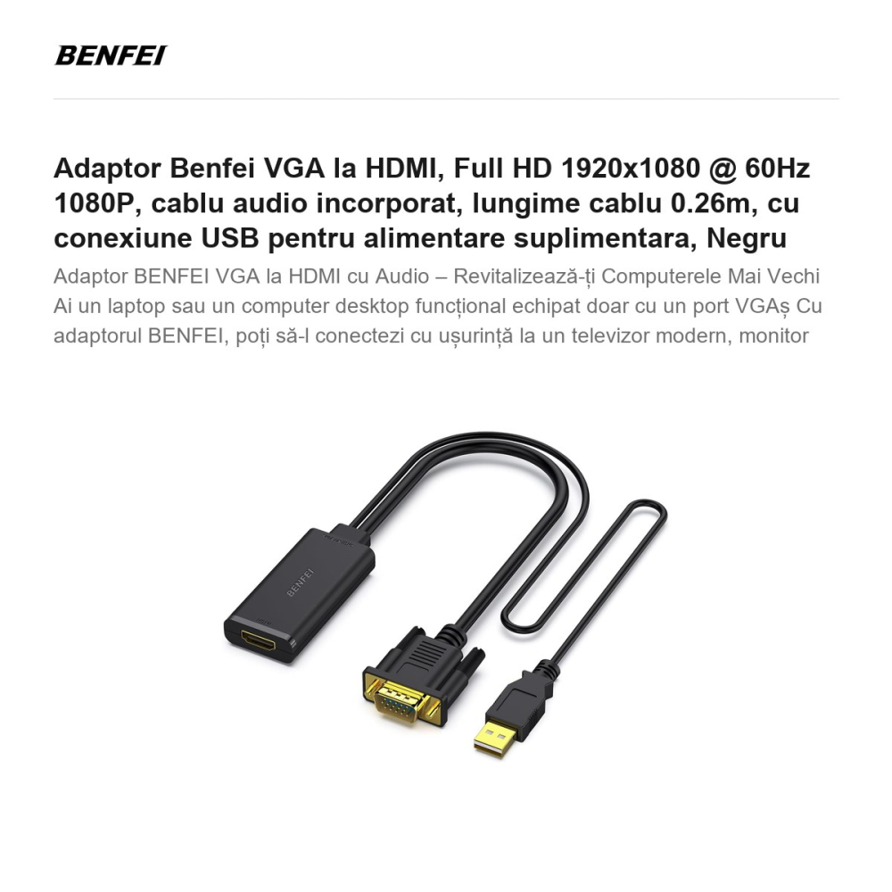 Adaptor Benfei VGA la HDMI, Full HD 1920x1080 @ 60Hz 1080P, cablu audio incorporat, lungime cablu 0.26m, cu conexiune USB pentru alimentare suplimentara,  Negru [2]