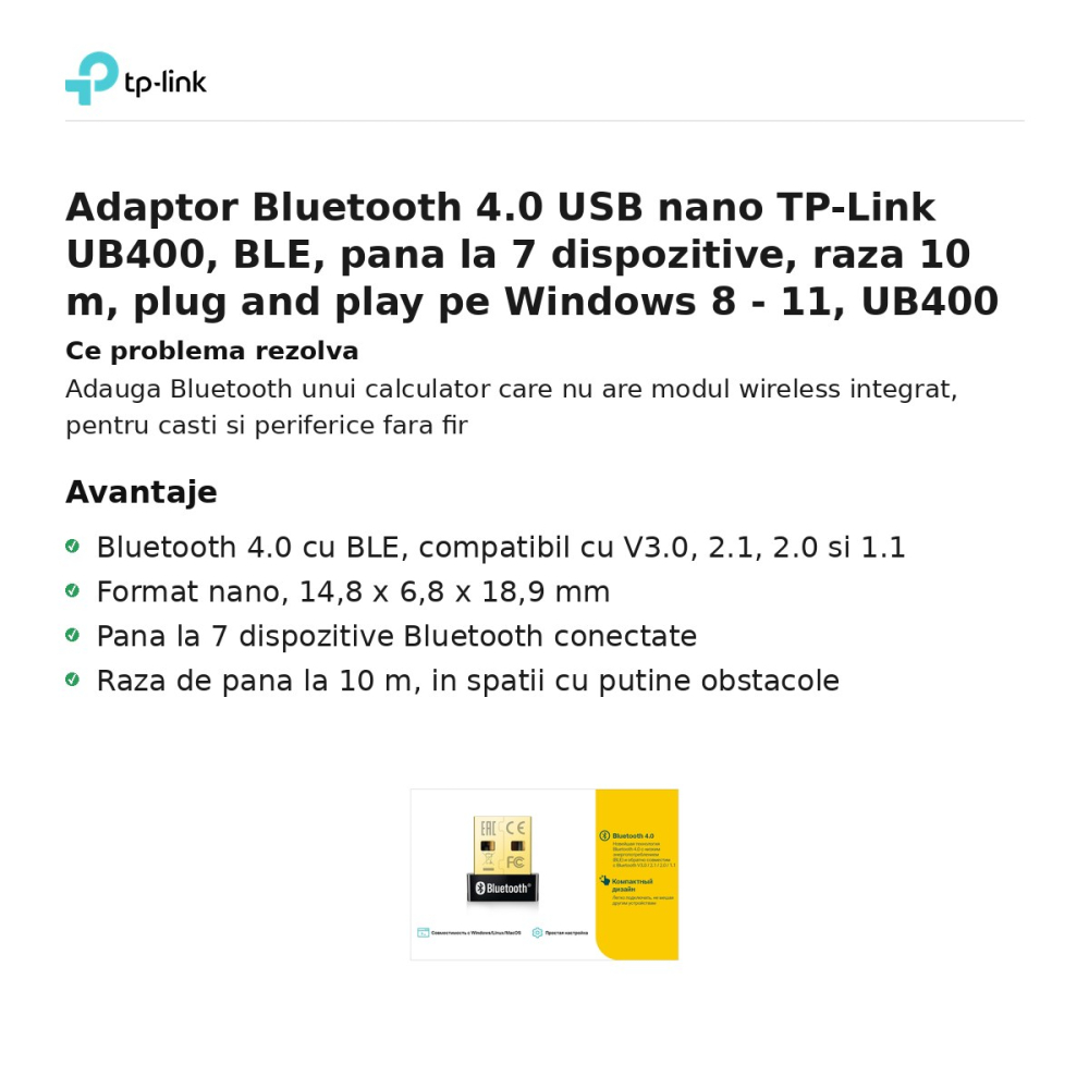 Adaptor Bluetooth 4.0 USB nano TP-Link UB400, BLE, pana la 7 dispozitive, raza 10 m, plug and play pe Windows 8 - 11, UB400 [2]