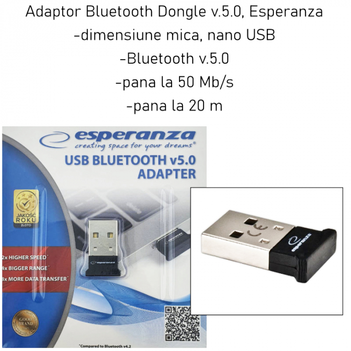 Adaptor Bluetooth Dongle v.5.0, nano USB, Esperanza 94686, negru [4]