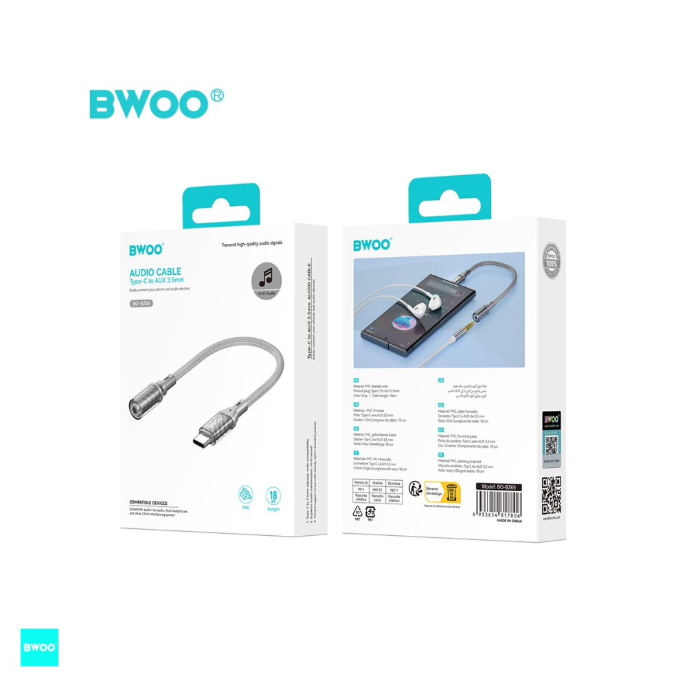 Adaptor BWOO BZ65 Audio & Data, USB-C tata la Jack 3.5 mm mama, cablu 0.18m, AUX 3.5mm la Type-C, gri [5]