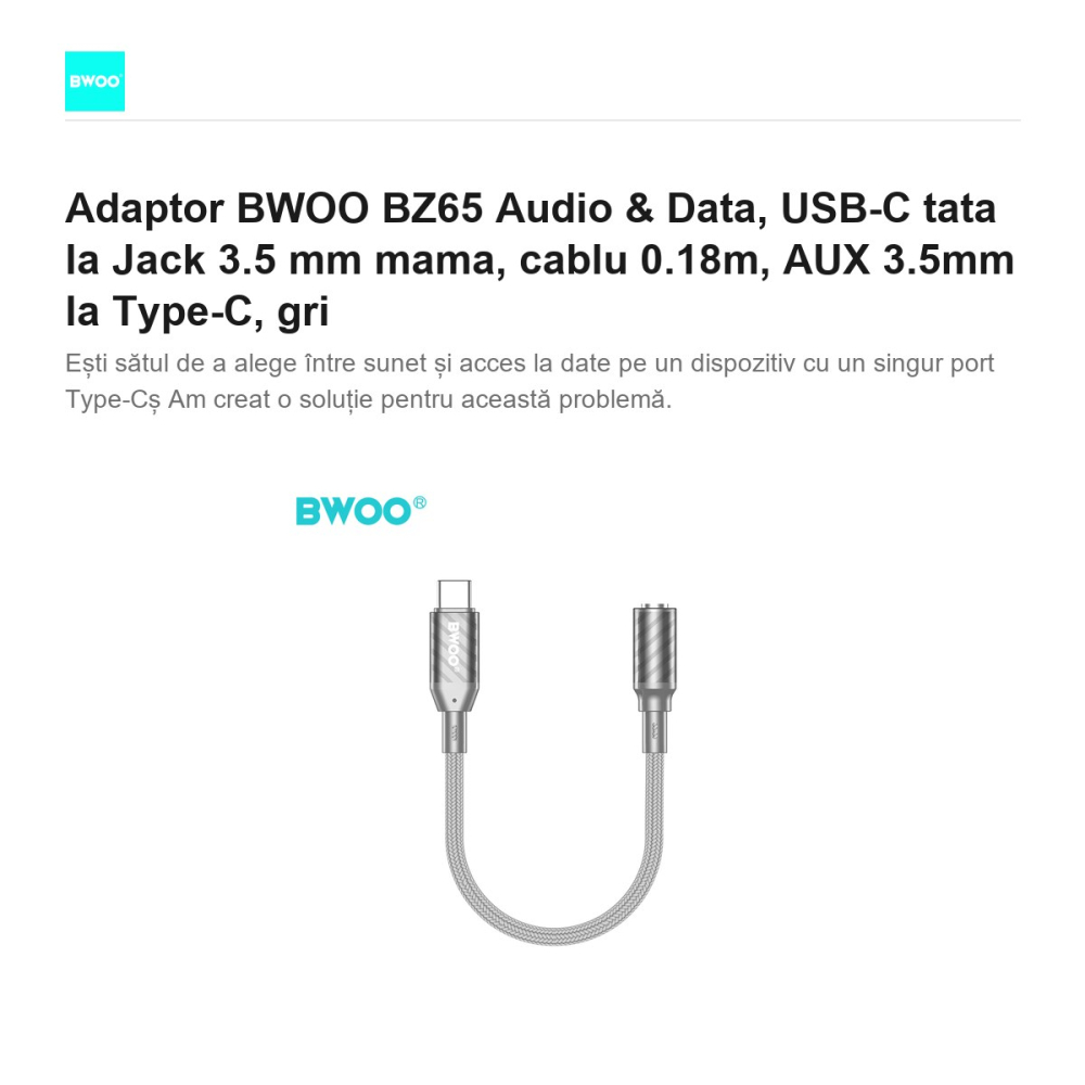 Adaptor BWOO BZ65 Audio & Data, USB-C tata la Jack 3.5 mm mama, cablu 0.18m, AUX 3.5mm la Type-C, gri [2]