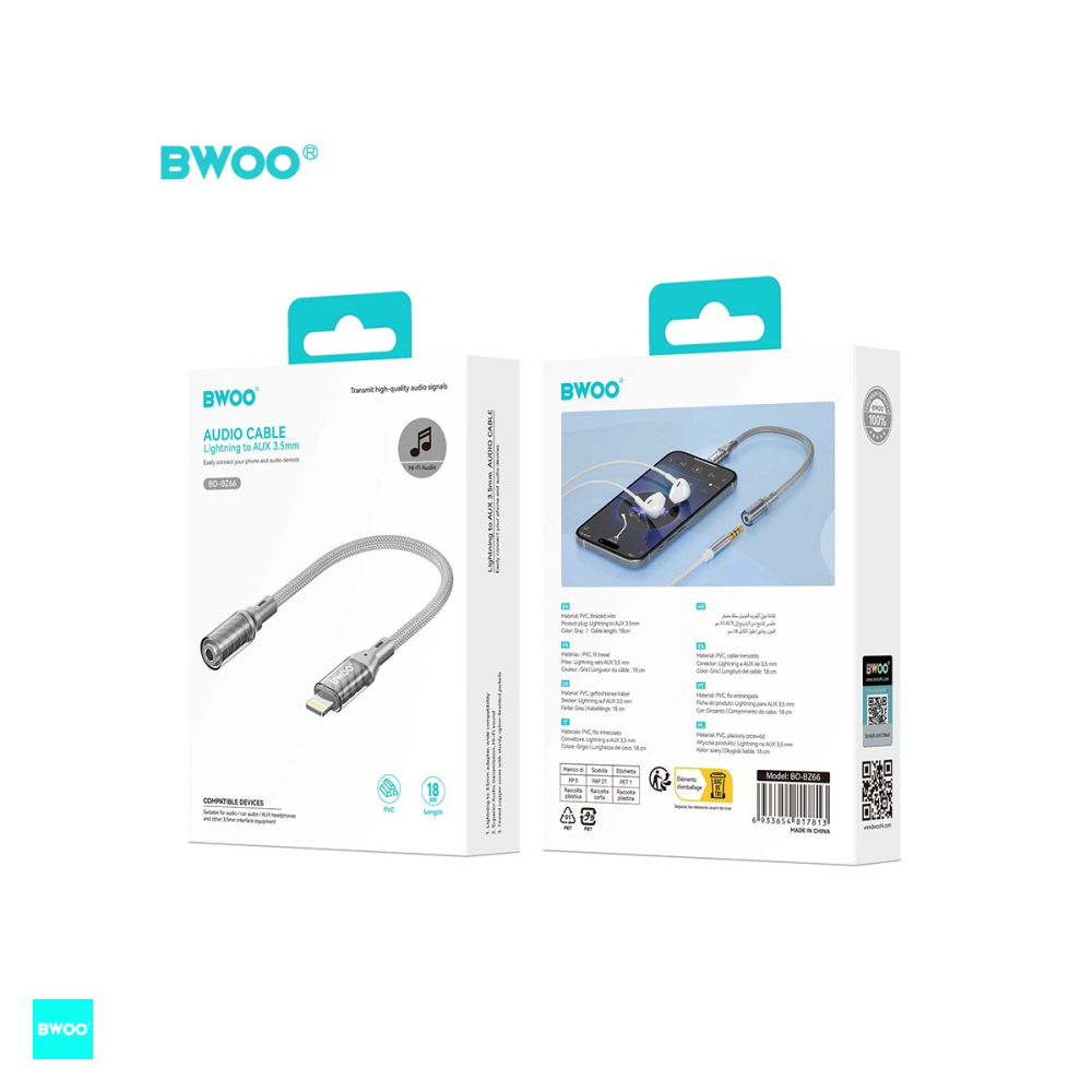 Adaptor BWOO BZ66 Audio & Data, tip Lightning tata la Jack 3.5 mm mama, cablu 0.18m, AUX 3.5mm la tip Lightning, gri [5]