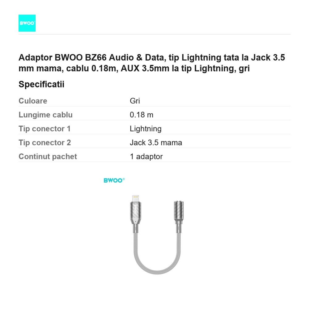 Adaptor BWOO BZ66 Audio & Data, tip Lightning tata la Jack 3.5 mm mama, cablu 0.18m, AUX 3.5mm la tip Lightning, gri [3]