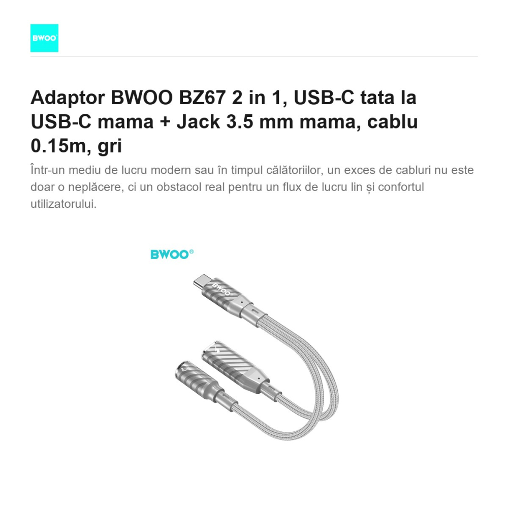 Adaptor BWOO BZ67 2 in 1, USB-C tata la USB-C mama + Jack 3.5 mm mama, cablu 0.15m, gri [2]