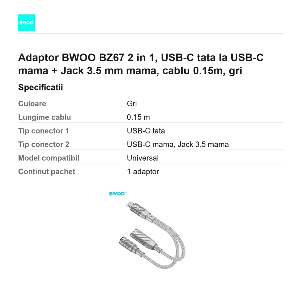 Adaptor BWOO BZ67 2 in 1, USB-C tata la USB-C mama + Jack 3.5 mm mama, cablu 0.15m, gri [3]