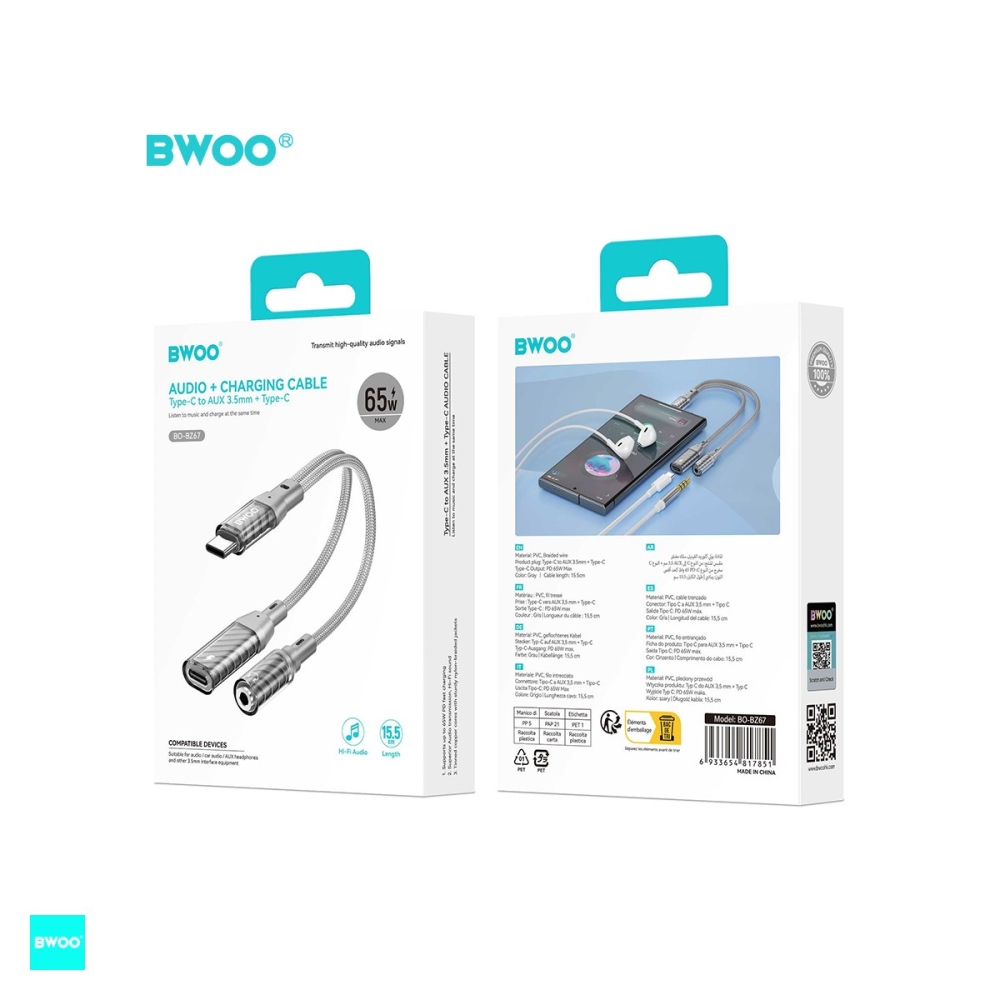 Adaptor BWOO BZ67 2 in 1, USB-C tata la USB-C mama + Jack 3.5 mm mama, cablu 0.15m, gri [5]