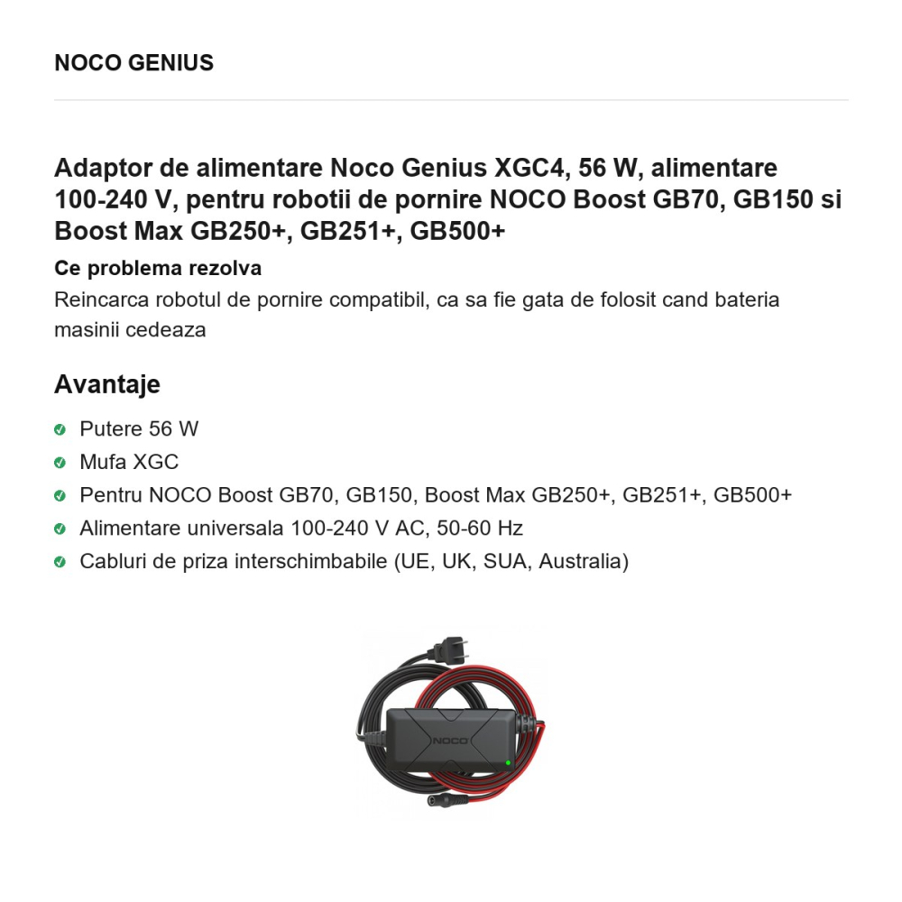 Adaptor de alimentare Noco Genius XGC4, 56 W, alimentare 100-240 V, pentru robotii de pornire NOCO Boost GB70, GB150 si Boost Max GB250+, GB251+, GB500+ [2]