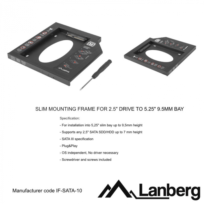 Adaptor HDD Caddy HDD/SSD, pentru unitati optice de tipul 9.5 mm, IF-SATA-10 [3]