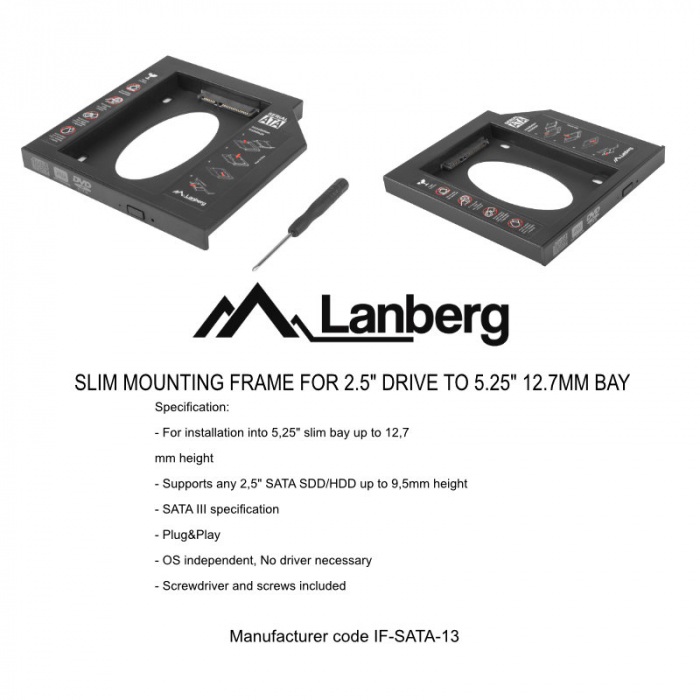 Adaptor subtire pentru HDD, Lanberg, 5.25''->2.5'', 12.7mm [3]