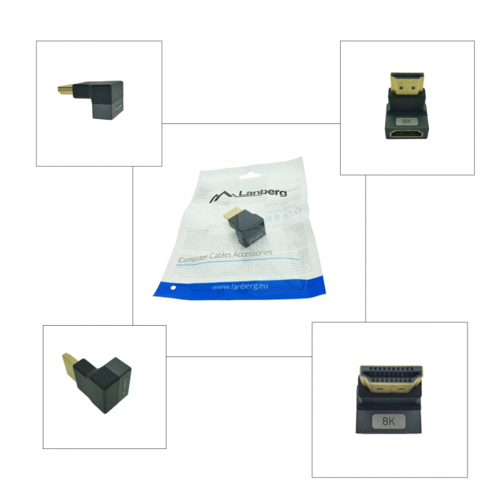 Adaptor HDMI tata la HDMI mama, 8K, unghi 90 grade, inclinat in jos, Lanberg 44099, DSC, eARC, HDR, carcasa aluminiu, argintiu [5]