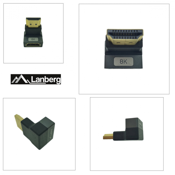 Adaptor HDMI tata la HDMI mama, 8K, unghi 90 grade, inclinat in jos, Lanberg 44099, DSC, eARC, HDR, carcasa aluminiu, argintiu [4]