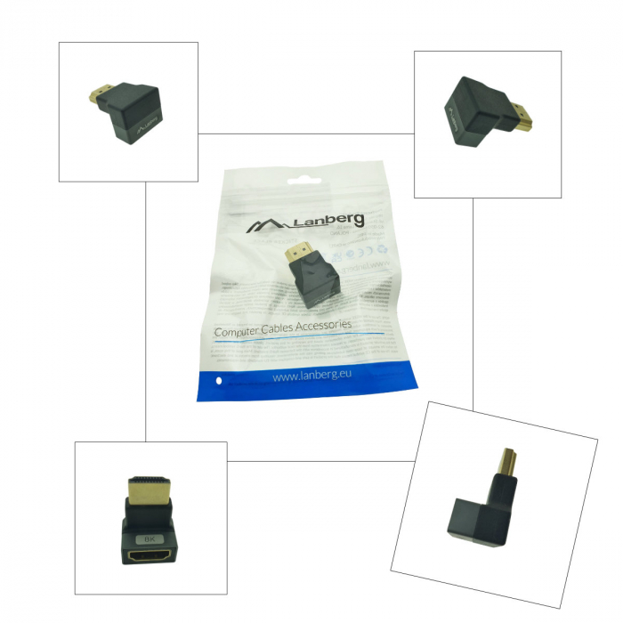 Adaptor HDMI tata la HDMI mama, 8K, unghi 90 grade, inclinat in sus, Lanberg 44100, DSC, eARC, HDR, carcasa aluminiu, argintiu [5]