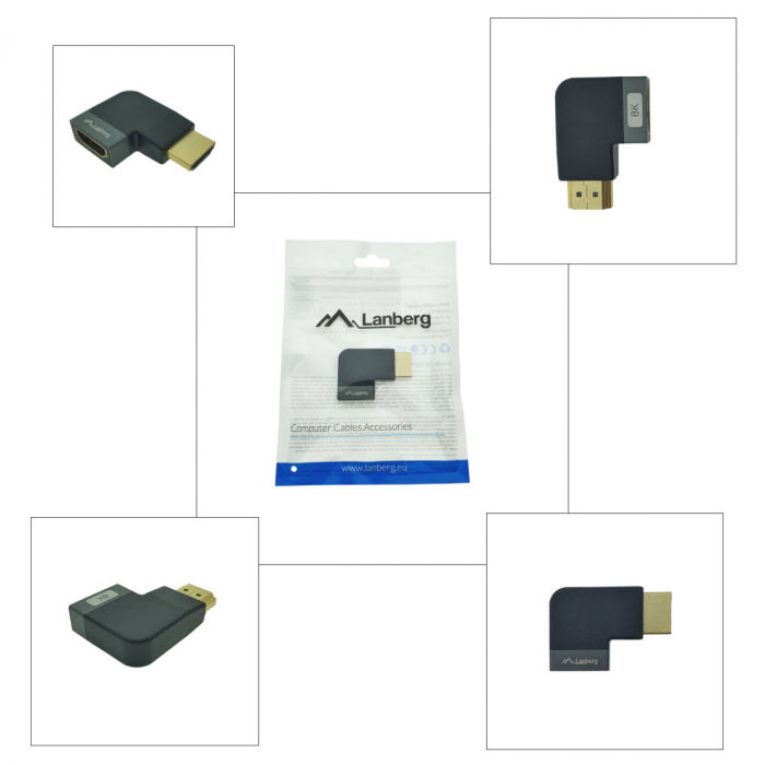 Adaptor HDMI tata la HDMI mama, 8K, unghi 90 grade, inclinat la dreapta, Lanberg 44102, DSC, eARC, HDR, carcasa aluminiu, argintiu [5]