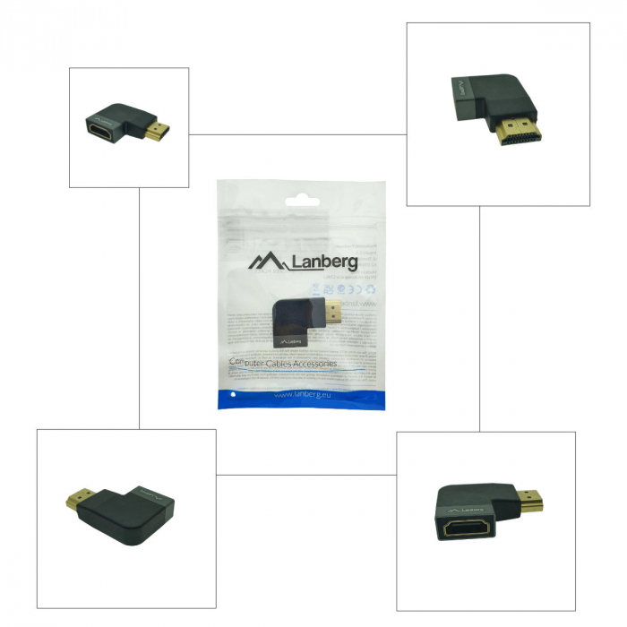 Adaptor HDMI tata la HDMI mama, 8K, unghi 90 grade, inclinat la stanga, Lanberg 44101, DSC, eARC, HDR, carcasa aluminiu, argintiu [5]
