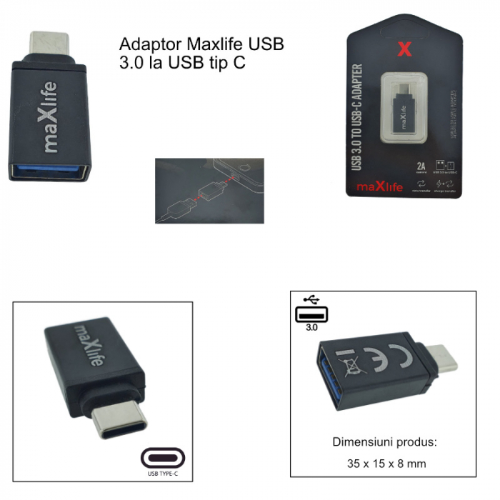 Adaptor Maxlife 94074, USB 3.0 mama la USB tip C tata, in blister, negru [6]