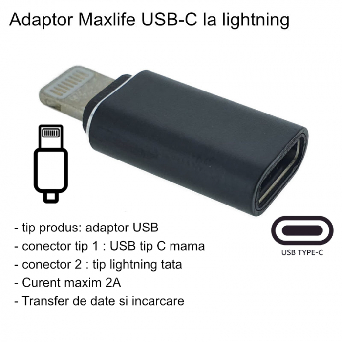 Adaptor Maxlife 94075 port USB-C mama la conector tip lightning tata, in blister, negru [5]