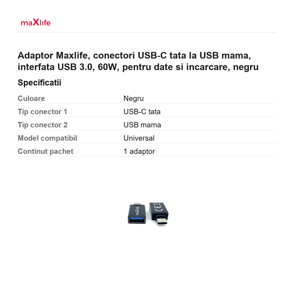 Adaptor Maxlife, conectori USB-C tata la USB mama, interfata USB 3.0, 60W, pentru date si incarcare, negru [3]