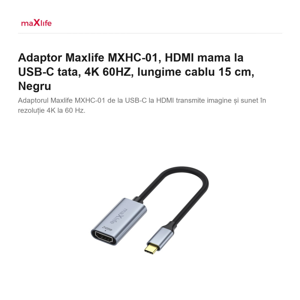 Adaptor Maxlife MXHC-01, HDMI mama la USB-C tata, 4K 60HZ, lungime cablu 15 cm, Negru [2]