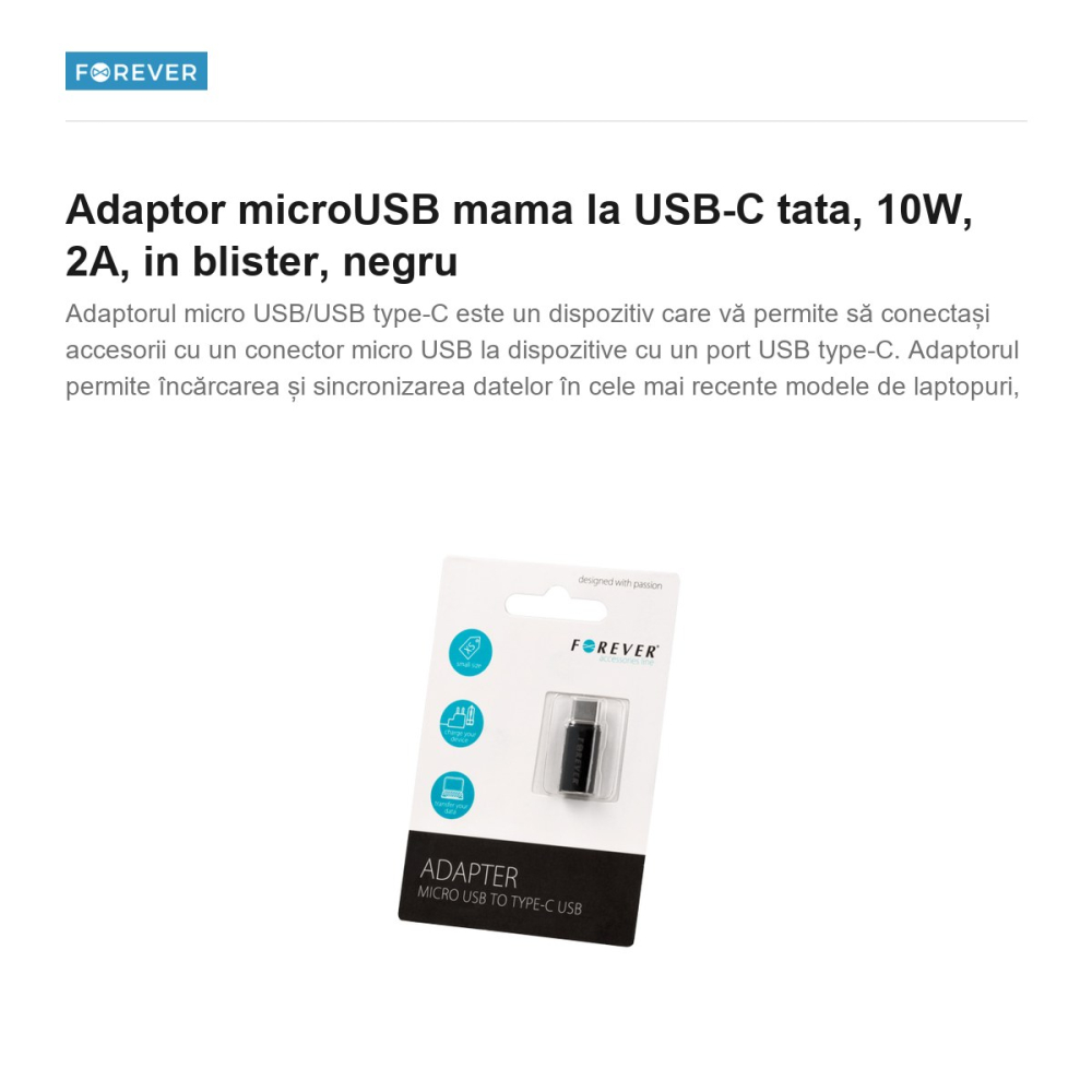 Adaptor microUSB mama la USB-C tata, 10W, 2A, in blister, negru [2]