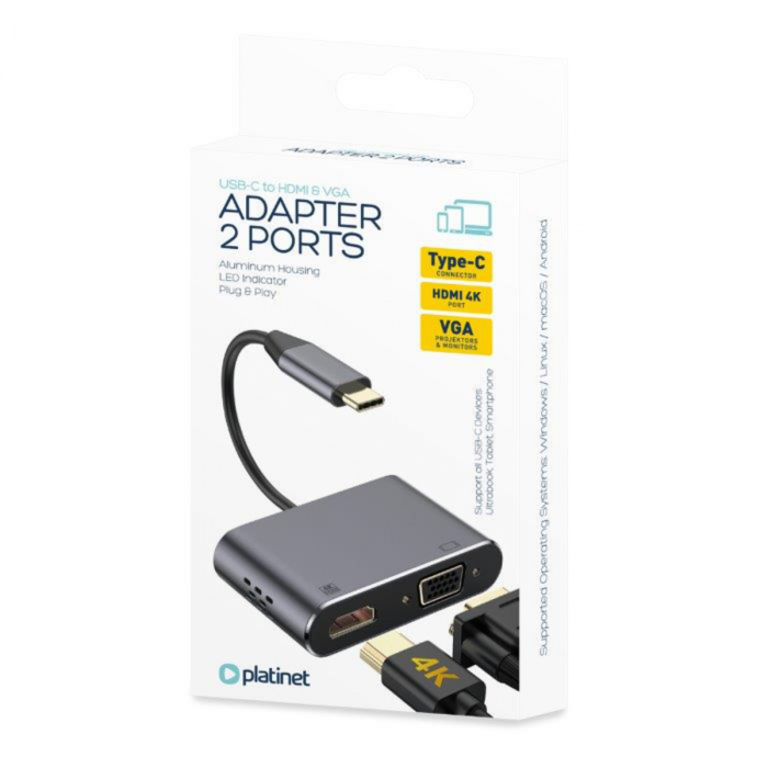 Adaptor multimedia USB tip C tata la HDMI mama si VGA mama, Platinet 45224, rezolutie maxima HDMI 4K la 30 Hz si VGA Full HD 1080p la 60 Hz [7]