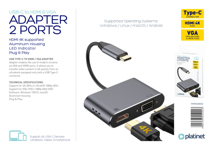 Adaptor multimedia USB tip C tata la HDMI mama si VGA mama, Platinet 45224, rezolutie maxima HDMI 4K la 30 Hz si VGA Full HD 1080p la 60 Hz [8]