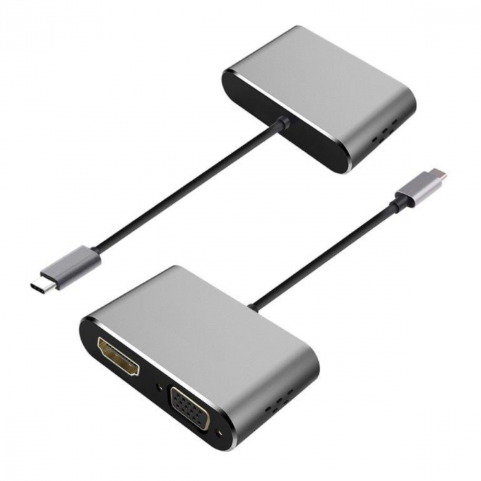 Adaptor multimedia USB tip C tata la HDMI mama si VGA mama, Platinet 45224, rezolutie maxima HDMI 4K la 30 Hz si VGA Full HD 1080p la 60 Hz [6]