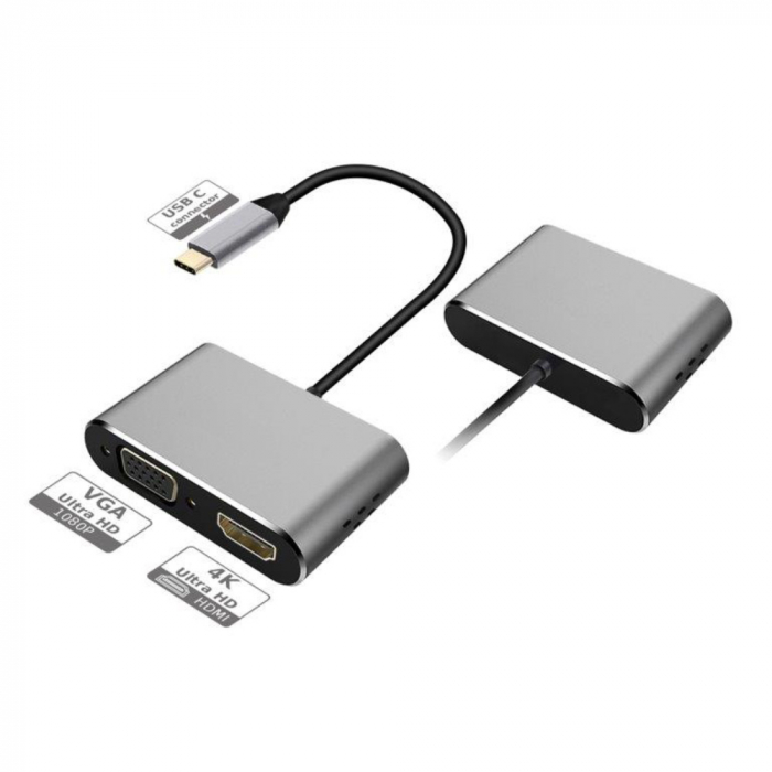 Adaptor multimedia USB tip C tata la HDMI mama si VGA mama, Platinet 45224, rezolutie maxima HDMI 4K la 30 Hz si VGA Full HD 1080p la 60 Hz [4]