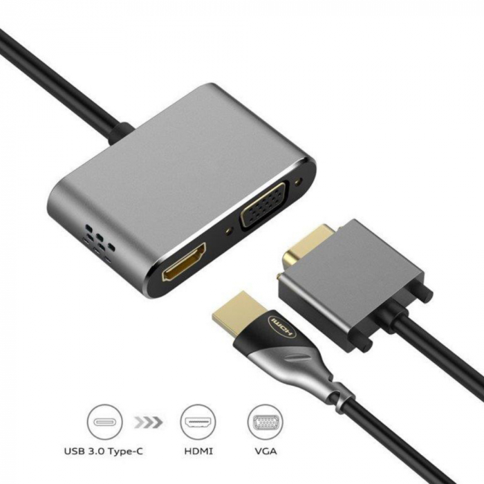 Adaptor multimedia USB tip C tata la HDMI mama si VGA mama, Platinet 45224, rezolutie maxima HDMI 4K la 30 Hz si VGA Full HD 1080p la 60 Hz [3]