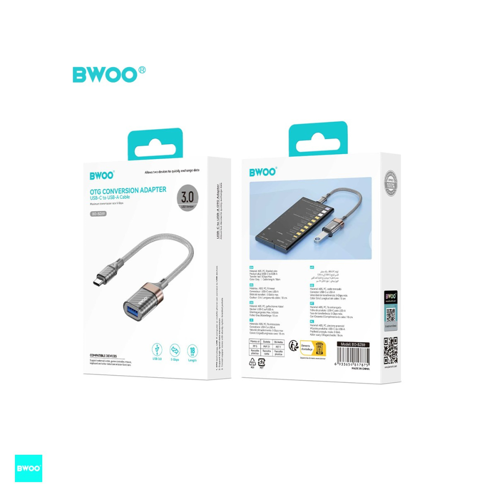 Adaptor OTG BWOO BZ69, USB-C tata la USB mama, cablu 0.18m cu invelis exterior nylon impletit, interfata USB 3.0, 5Gbps,  gri [5]