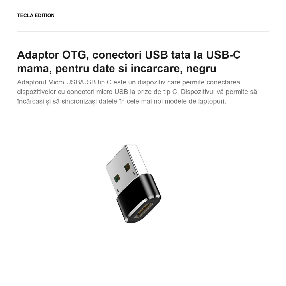Adaptor OTG, conectori USB tata la USB-C mama, pentru date si incarcare, negru [2]