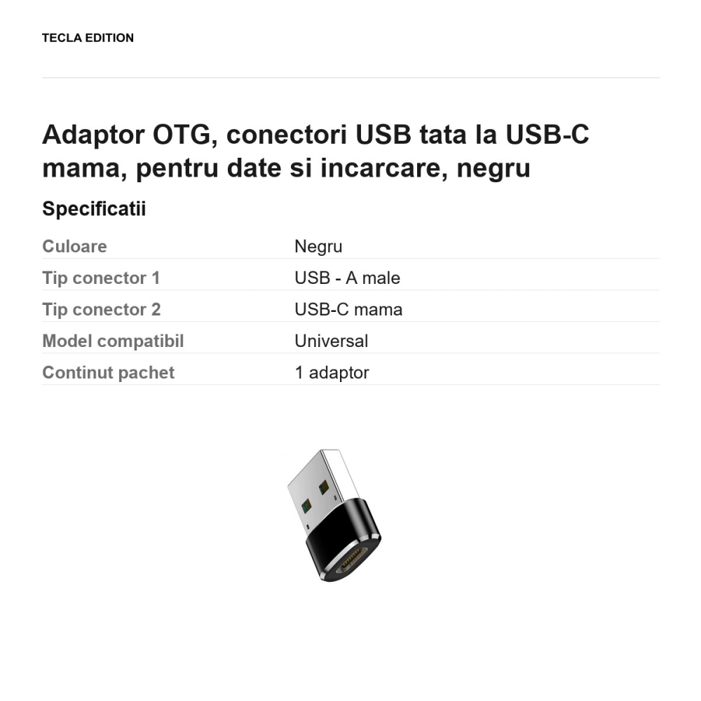 Adaptor OTG, conectori USB tata la USB-C mama, pentru date si incarcare, negru [3]