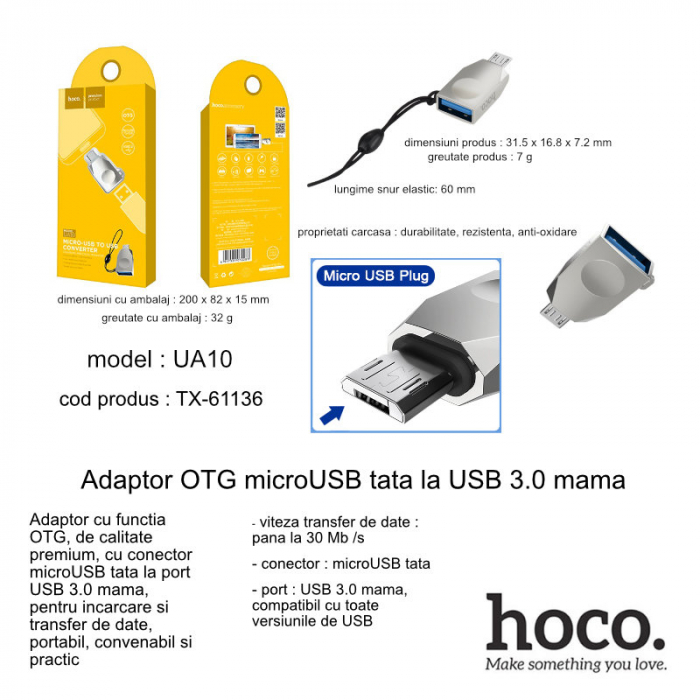 Adaptor OTG microUSB tata la USB 3.0 mama, HOCO UA10, carcasa aliaj de zinc, cu snur elastic, argintiu [6]