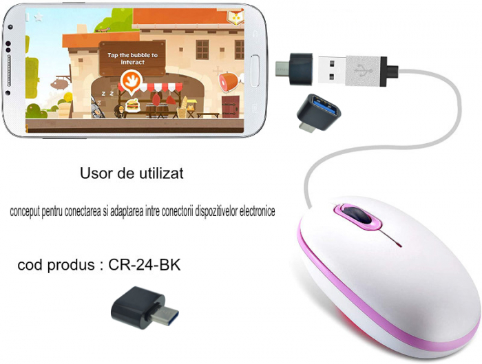 Adaptor OTG USB 2.0 mama la USB tip C tata, alimentare, conectare si transfer de date, negru [7]