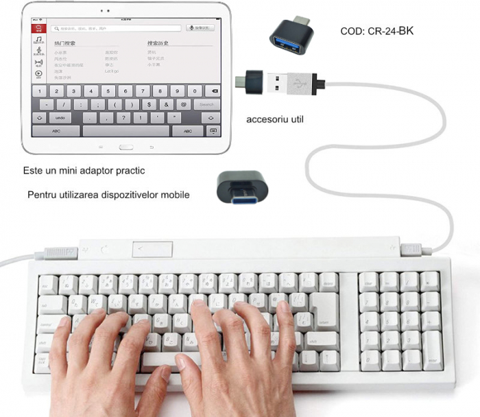 Adaptor OTG USB 2.0 mama la USB tip C tata, alimentare, conectare si transfer de date, negru [8]