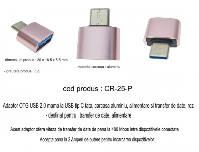Adaptor OTG USB 2.0 mama la USB tip C tata, carcasa aluminiu, alimentare si transfer de date, roz [6]