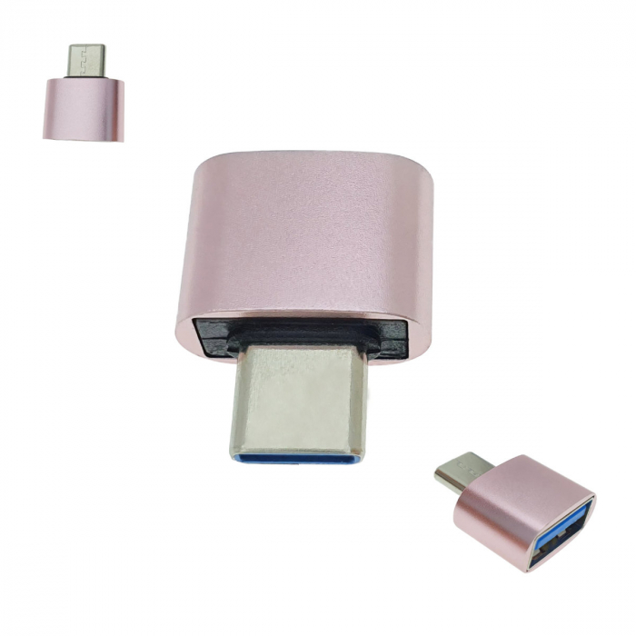 Adaptor OTG USB 2.0 mama la USB tip C tata, carcasa aluminiu, alimentare si transfer de date, roz [3]
