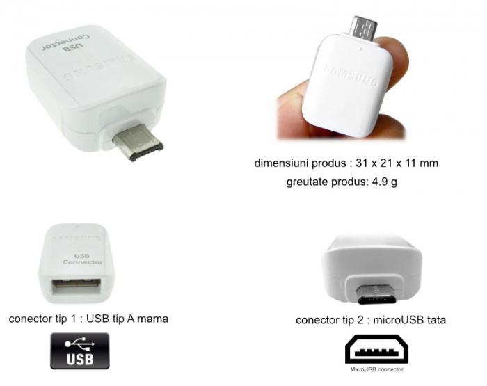 Adaptor OTG USB tip A mama la microUSB tata, Samsung GH98-09728A, alb [6]