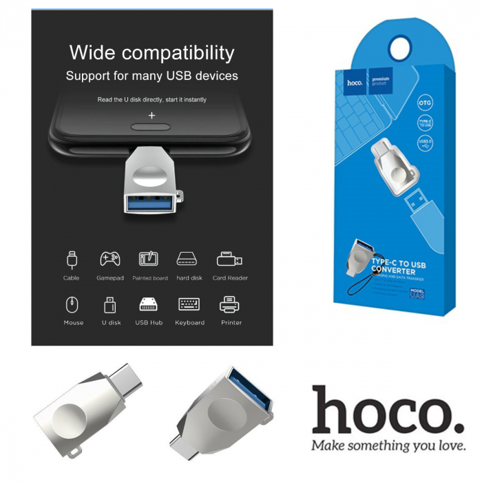 Adaptor OTG USB tip C tata la USB 3.0 mama, HOCO UA9, carcasa aliaj de zinc, cu snur elastic, argintiu [3]