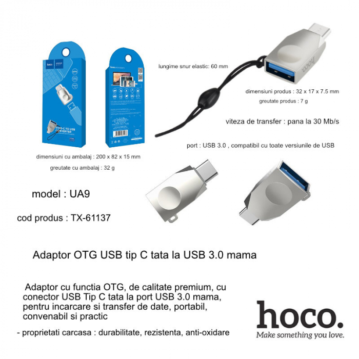 Adaptor OTG USB tip C tata la USB 3.0 mama, HOCO UA9, carcasa aliaj de zinc, cu snur elastic, argintiu [5]