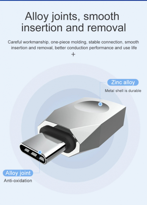 Adaptor OTG USB tip C tata la USB 3.0 mama, HOCO UA9, carcasa aliaj de zinc, cu snur elastic, argintiu [8]