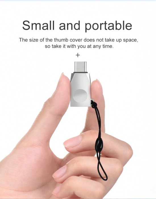Adaptor OTG USB tip C tata la USB 3.0 mama, HOCO UA9, carcasa aliaj de zinc, cu snur elastic, argintiu [9]