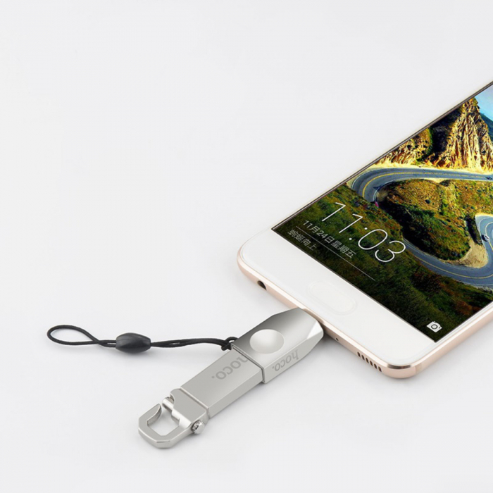 Adaptor OTG USB tip C tata la USB 3.0 mama, HOCO UA9, carcasa aliaj de zinc, cu snur elastic, argintiu [4]