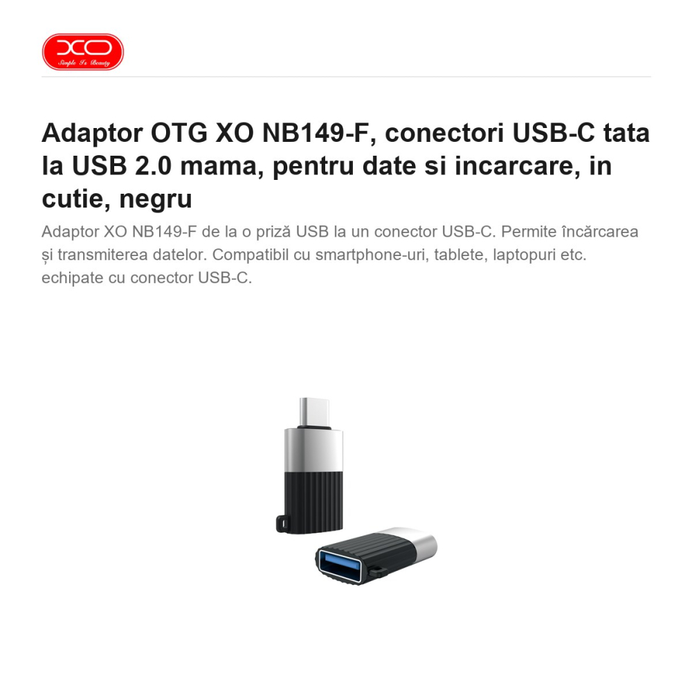 Adaptor OTG XO NB149-F, conectori USB-C tata la USB 2.0 mama, pentru date si incarcare, in cutie, negru [2]